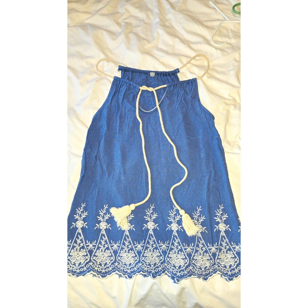 The Boutique Women's A-Line halter top Blue White Floral Embroidered Elastic S